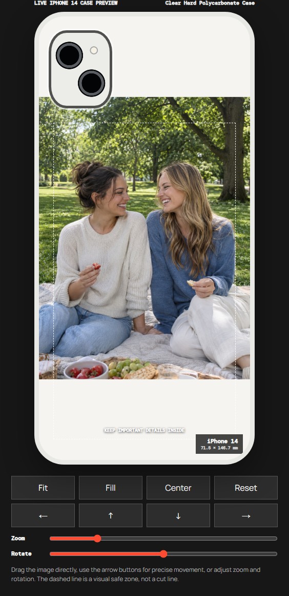 Falacase editor fitting the picnic photo onto an iPhone 14 Clear Hard Polycarbonate Case preview with both friends visible