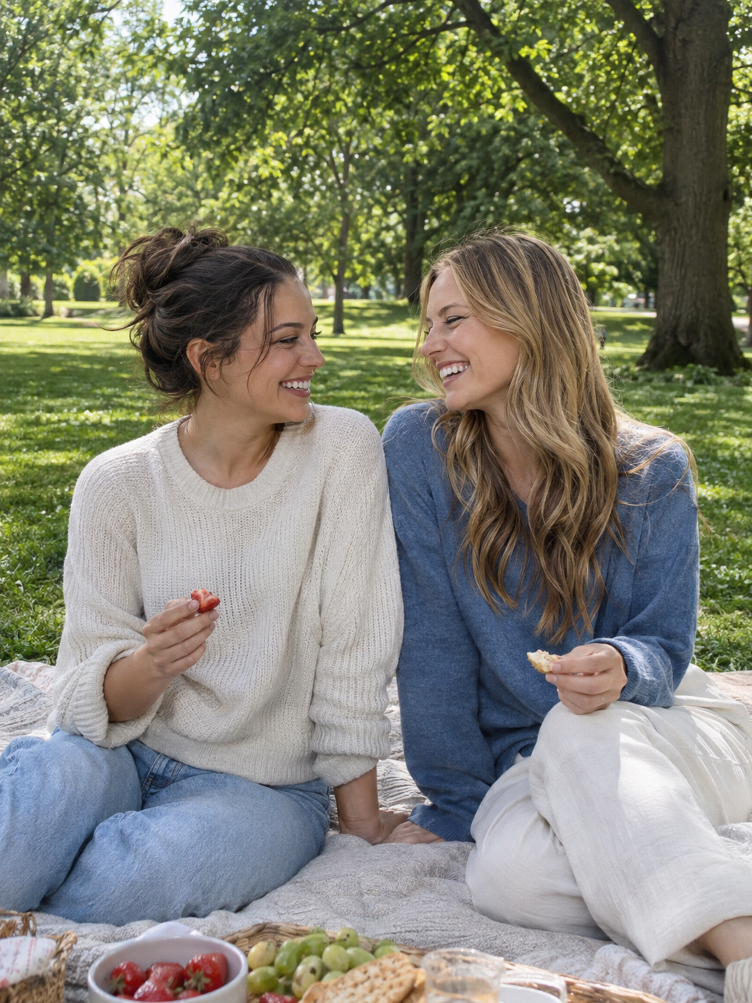 AI-generated example photo of two fictional adult friends enjoying a picnic in a park